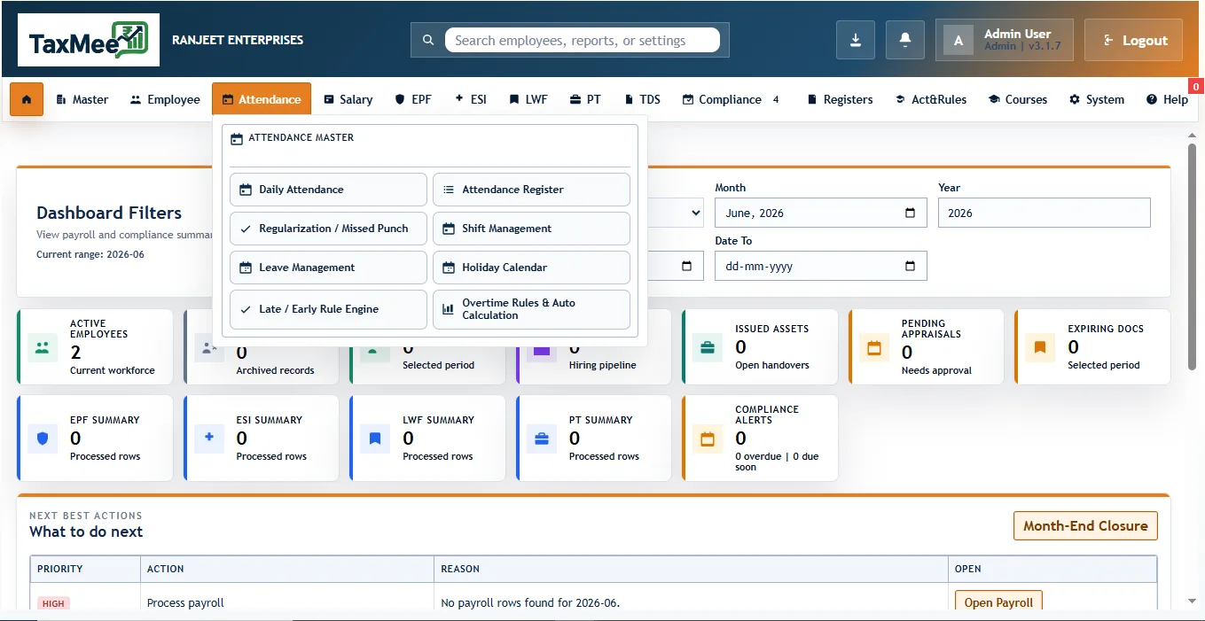 TaxMee attendance module screenshot