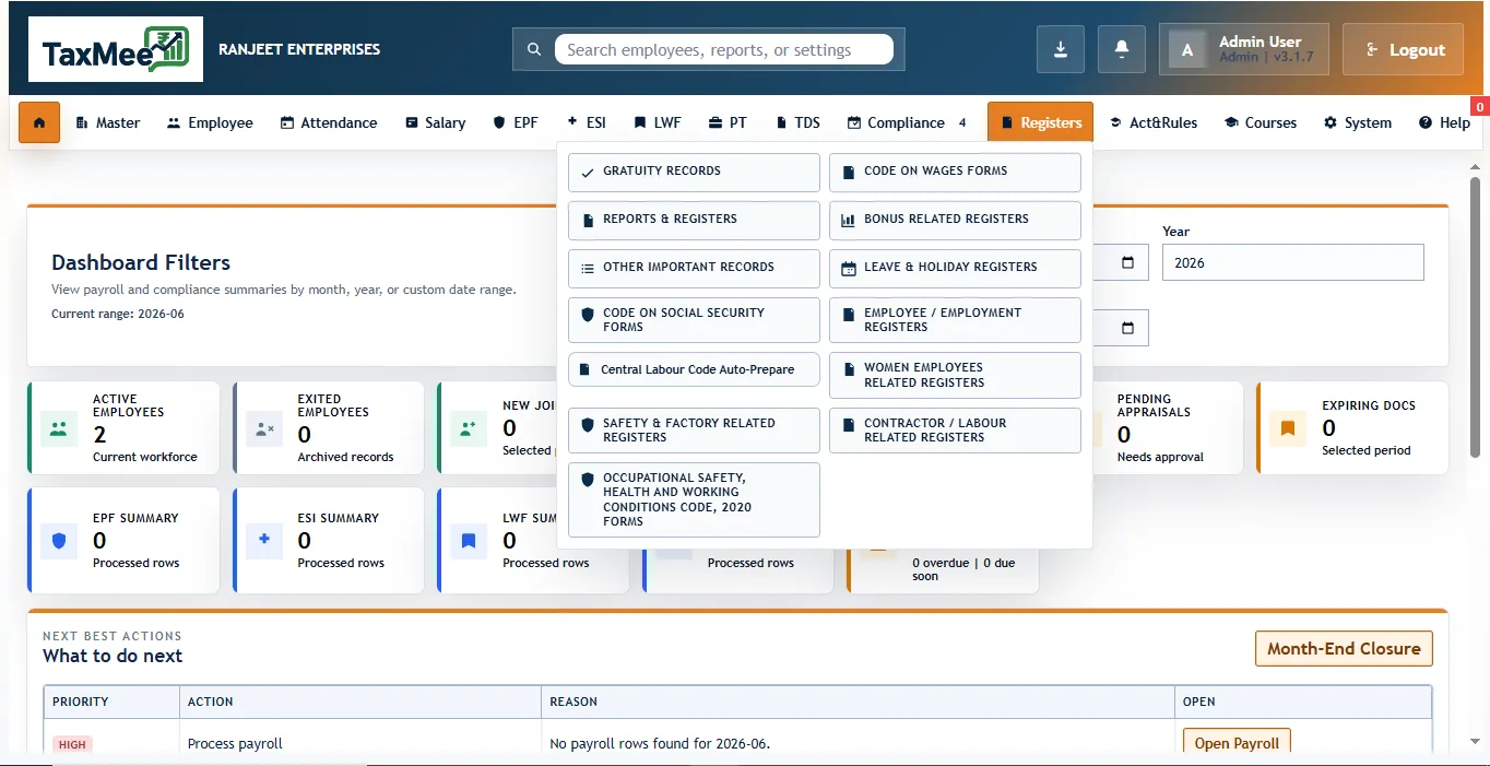 TaxMee registers and reports module screenshot